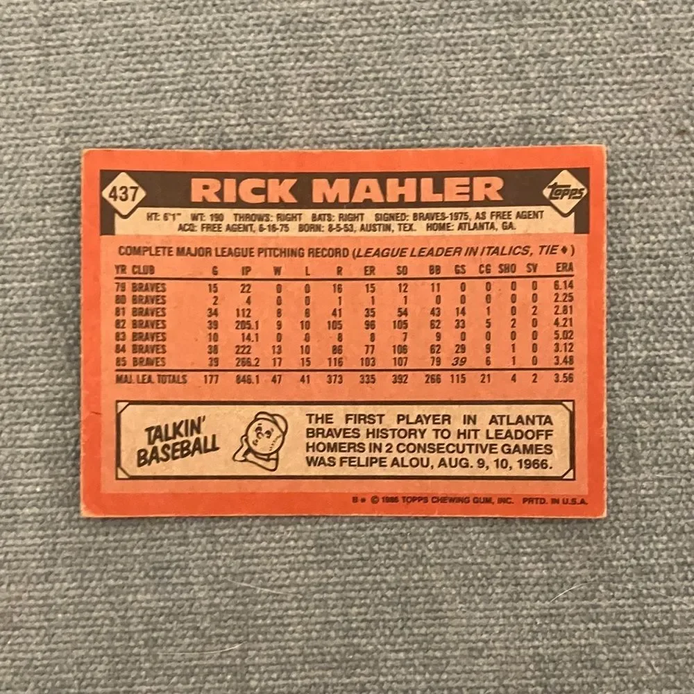 1986 Topps Atlanta Braves Baseball Card